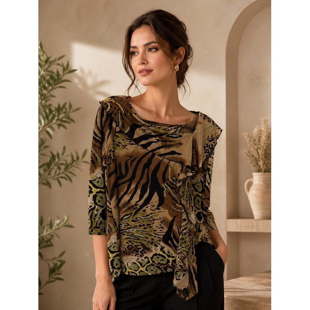 Mishca Animal Print Asymmetrical Ruffle Blouse Brown Green 3/4 Sleeve Large